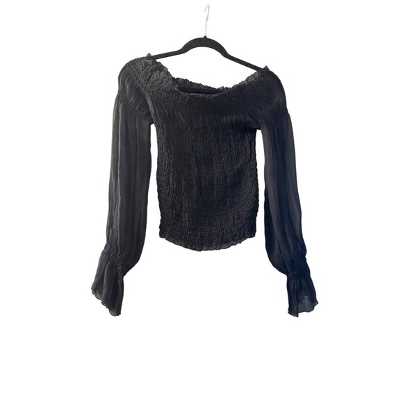 Sheer Black Smocked Off-Shoulder Long Sleeve Top By Compliance Alliance - Picture 1 of 7